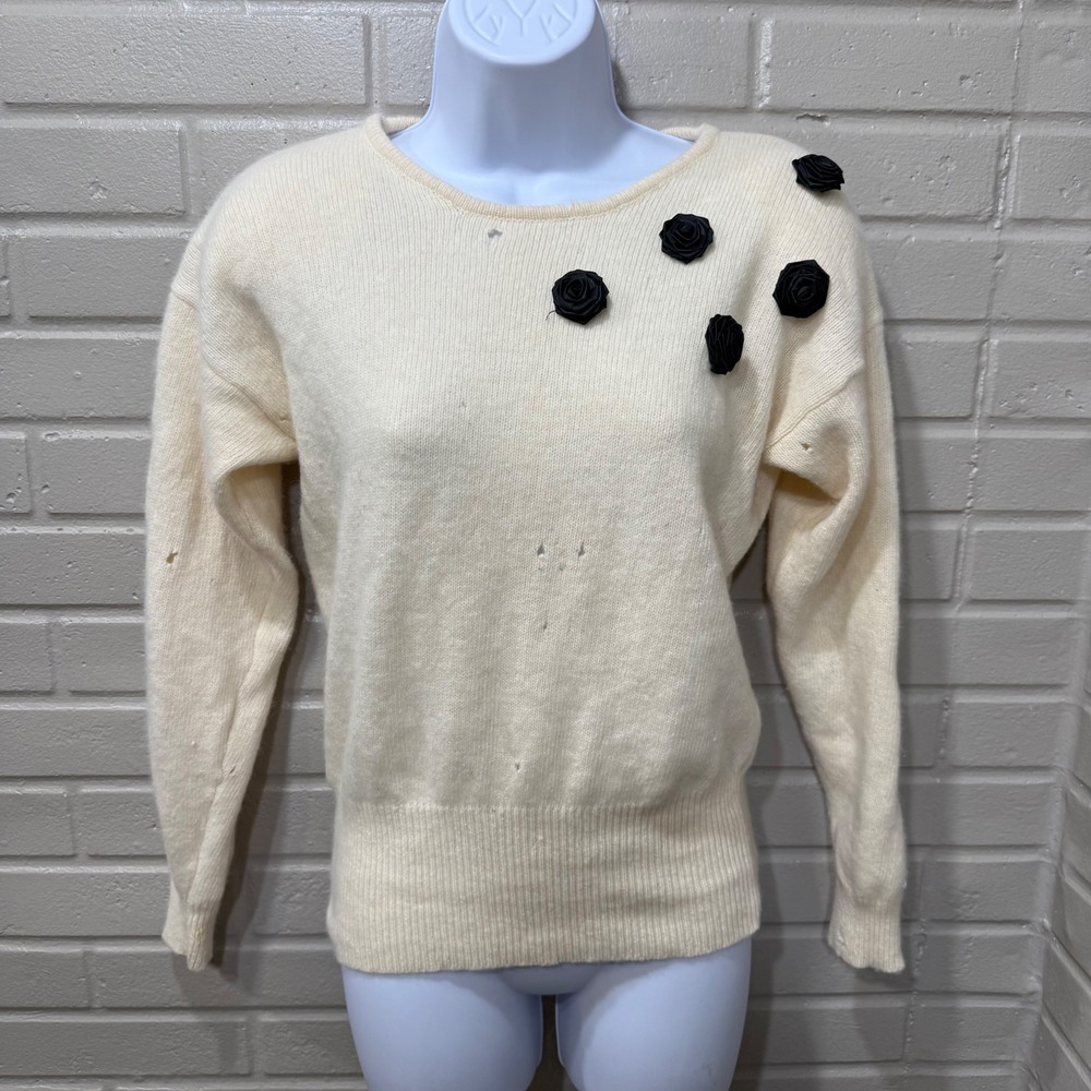 Vintage Angora Lambswool Satin Rosette Sweater Cream Distressed‎ Medium Holes